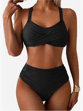 Women’s Black High-Waist Twist Front Bikini Set